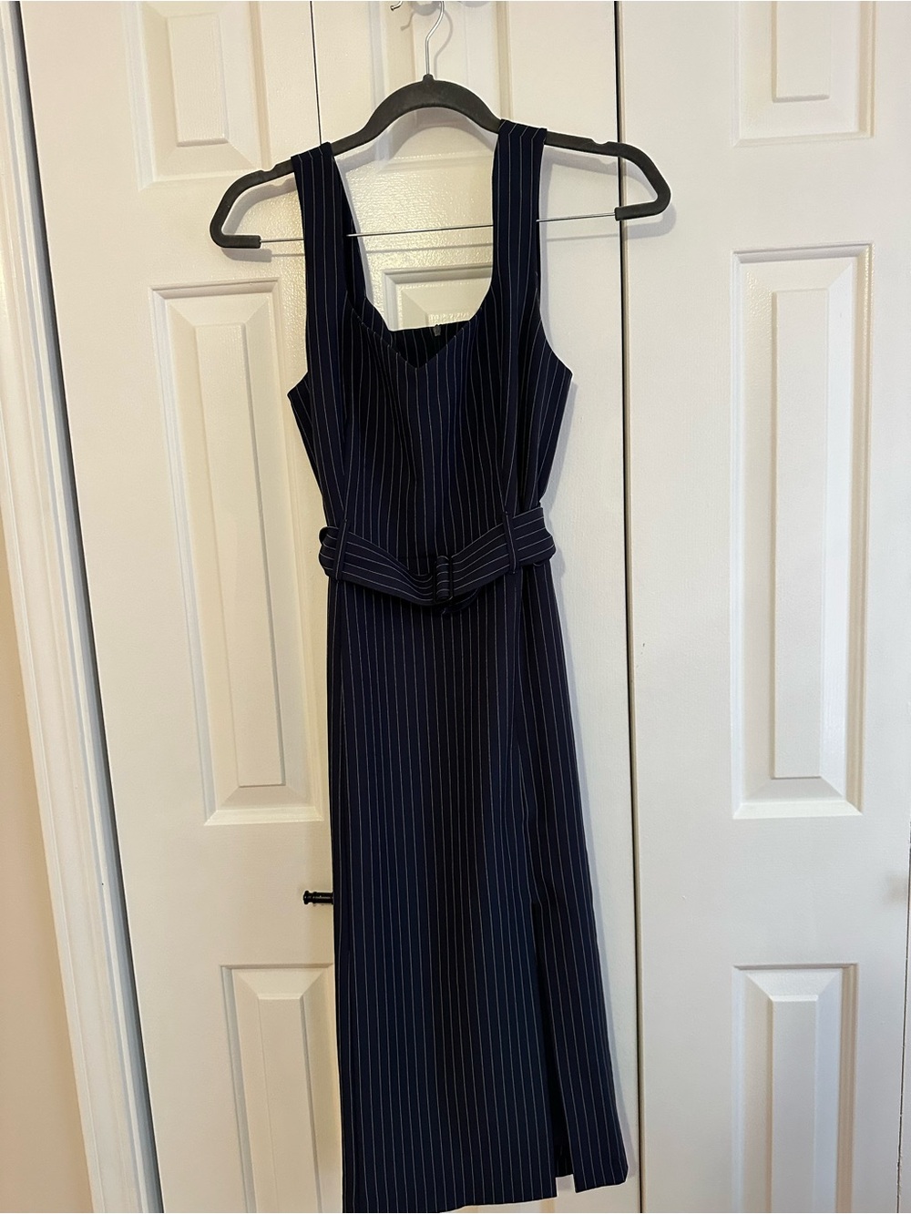Banana Republic Navy Pinstripe Sleeveless Belted Midi Dress